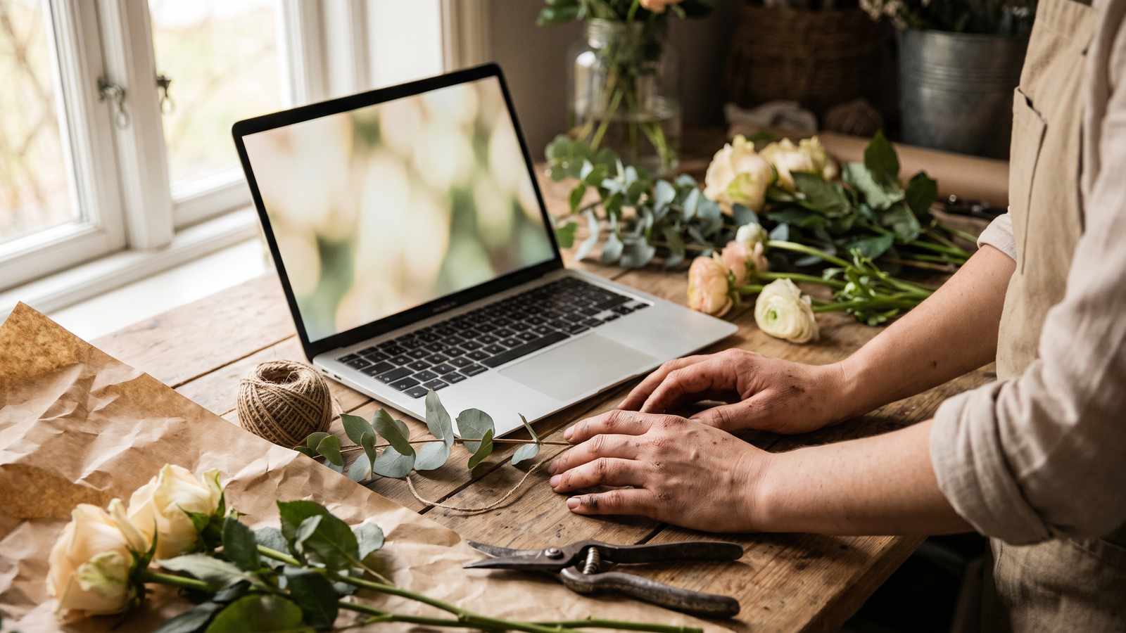 Las manos de una florista descansando junto a una laptop abierta en un banco de trabajo de madera, rodeada de flores sueltas