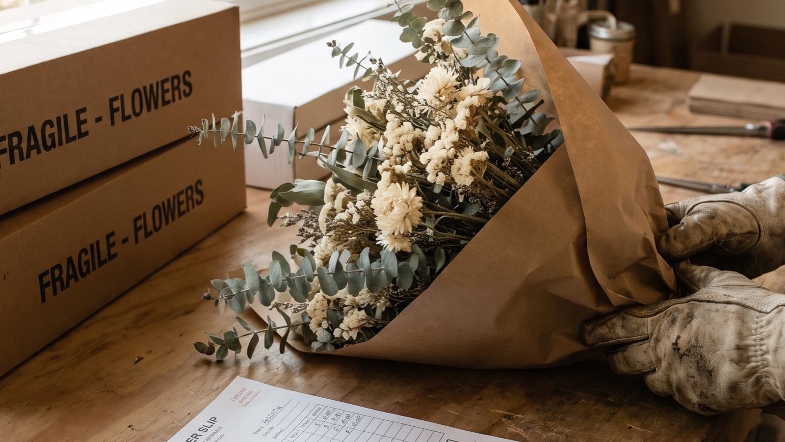 A kraft-wrapped bouquet at a florist packing bench alongside gift add-ons