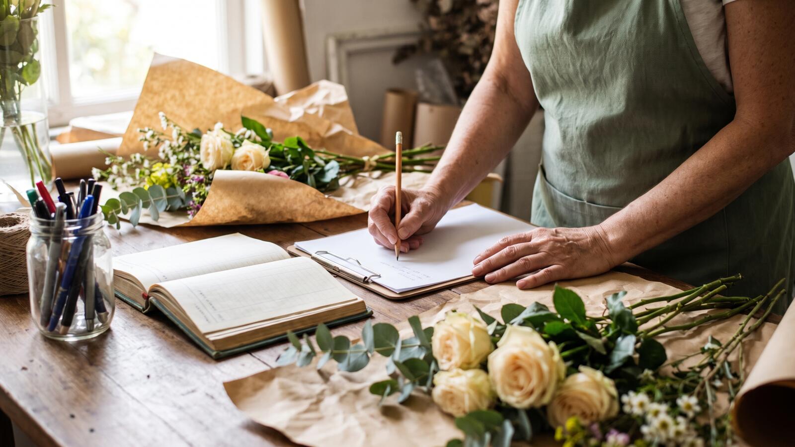 Las manos de una florista escribiendo notas en un sujetapapeles sobre un banco de trabajo de madera, rodeada de flores frescas