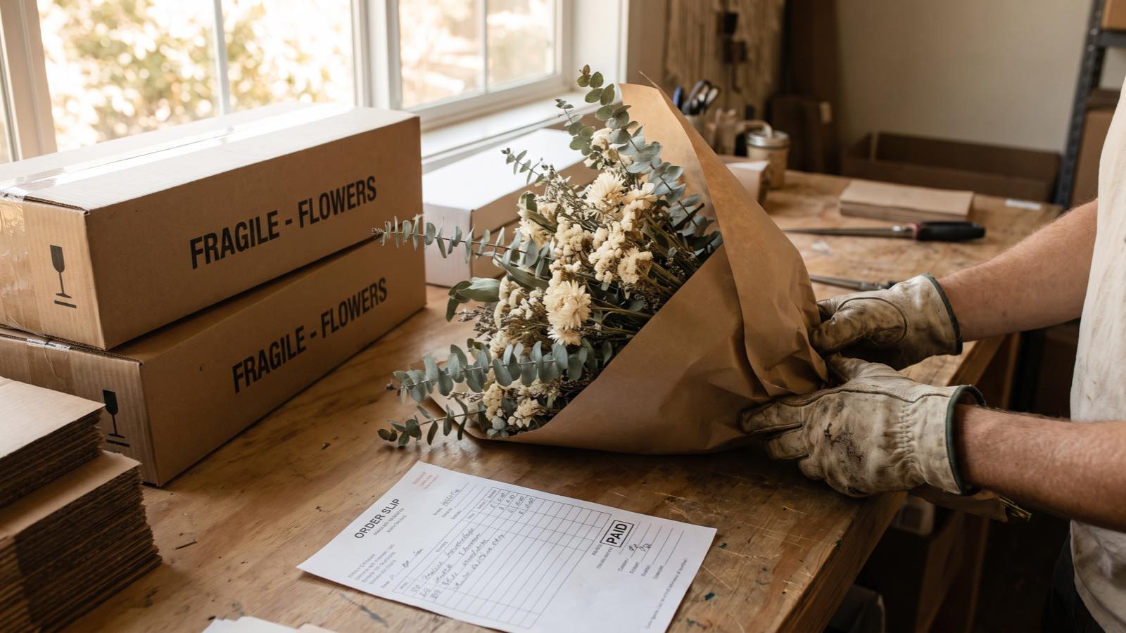 A florist packing station with hands wrapping a bouquet in kraft paper beside stacked shipping boxes and a printed order slip