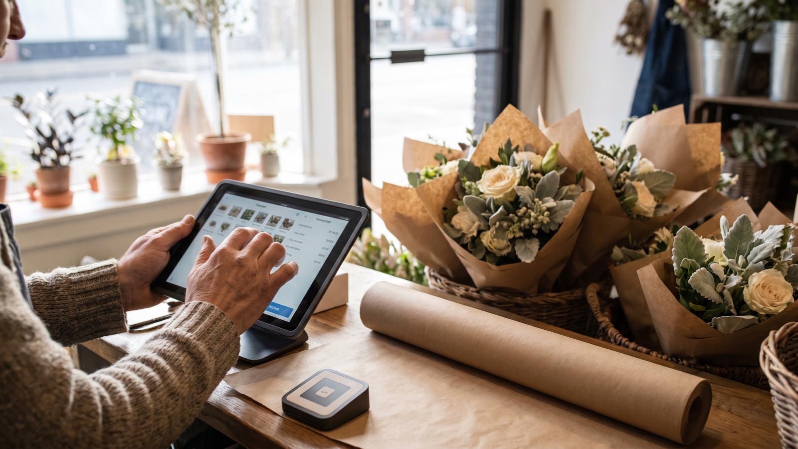 A florist using a tablet point-of-sale terminal at a shop counter, beside kraft-wrapped bouquets and a card reader