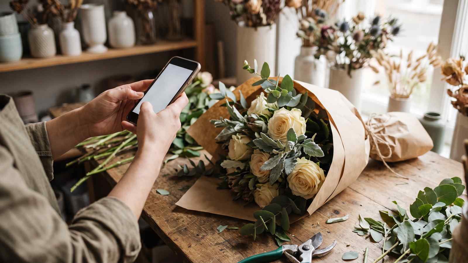 A florist's hands photographing a finished bouquet on a workbench for the shop's online listings
