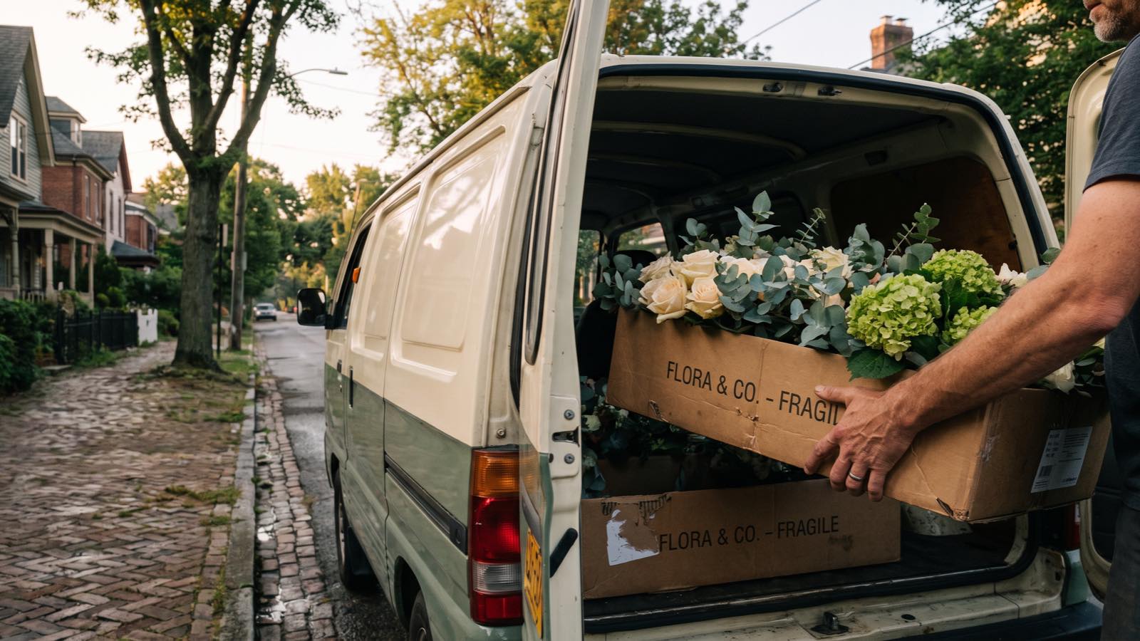 Boxed flower arrangements being loaded into the back of a small delivery van on a quiet residential street at dawn