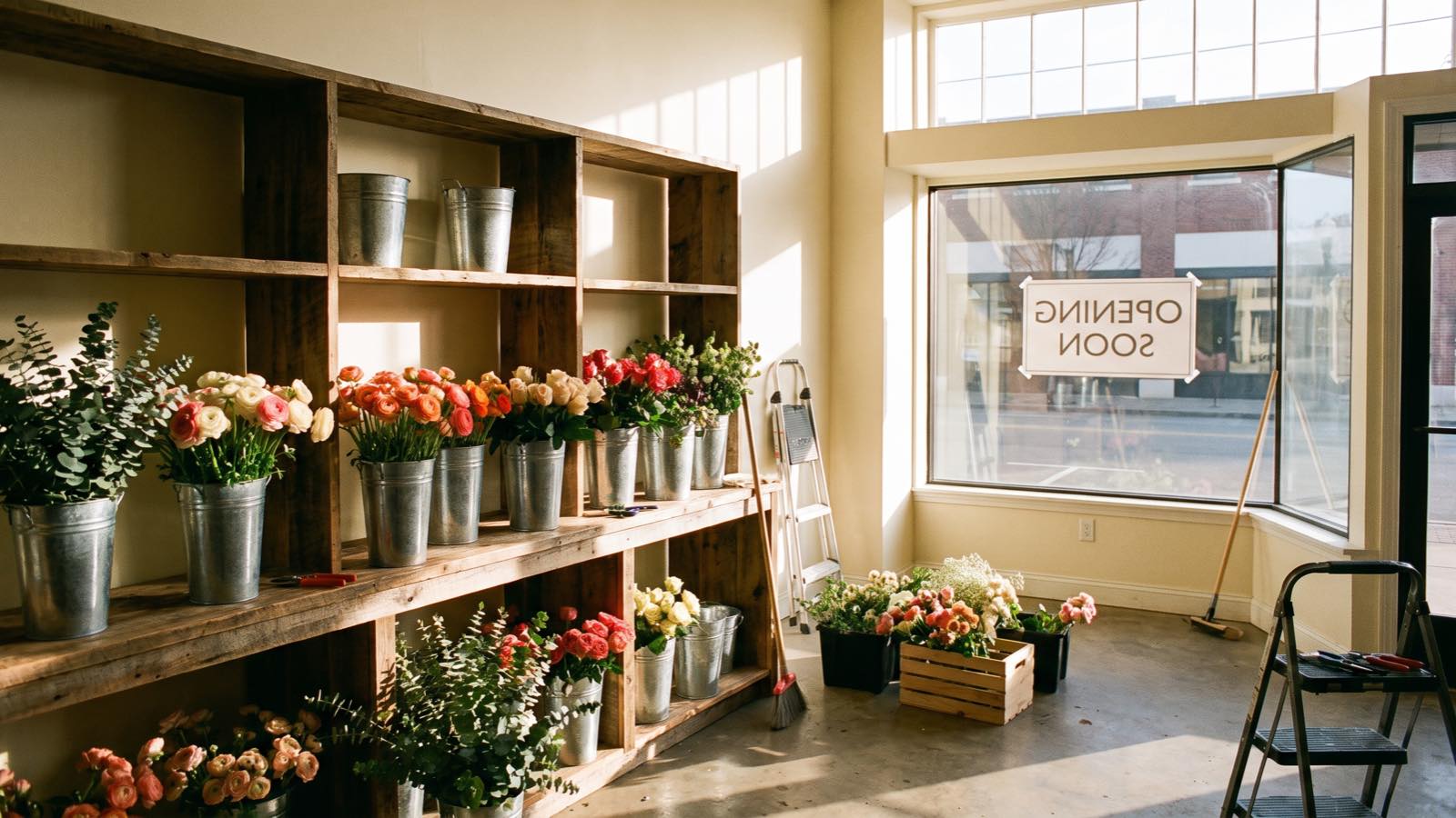 A bright flower shop interior being set up, with wooden shelving, galvanised buckets of fresh blooms and an "opening soon" sign in the window