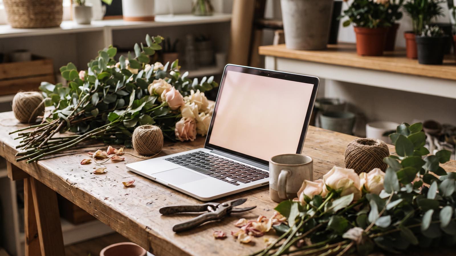 An open laptop on a wooden florist workbench surrounded by cut stems, twine and secateurs
