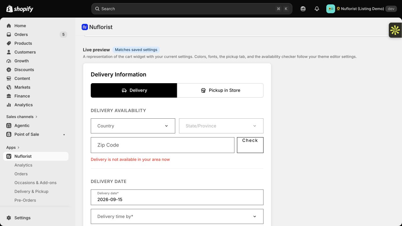 NuFlorist settings preview of the delivery widget with country, state, ZIP code, and delivery date fields