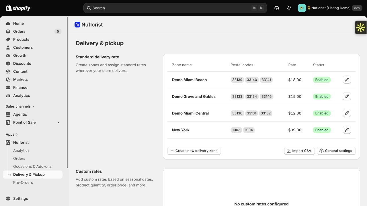 NuFlorist delivery settings showing Miami Central at $12, Grove and Gables at $15, and Miami Beach at $18