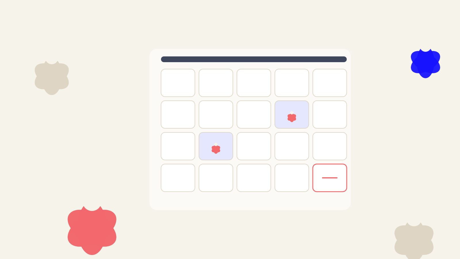 Ilustración de un calendario de entrega con fechas disponibles marcadas con flores y una fecha bloqueada