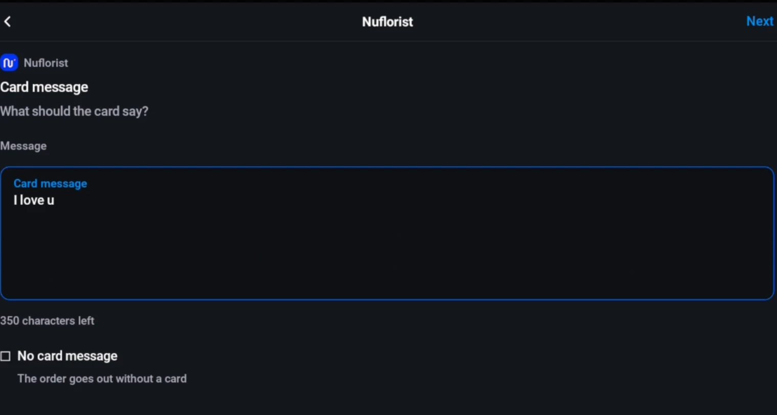 Card message screen in Shopify POS with a typed message and a No card message option