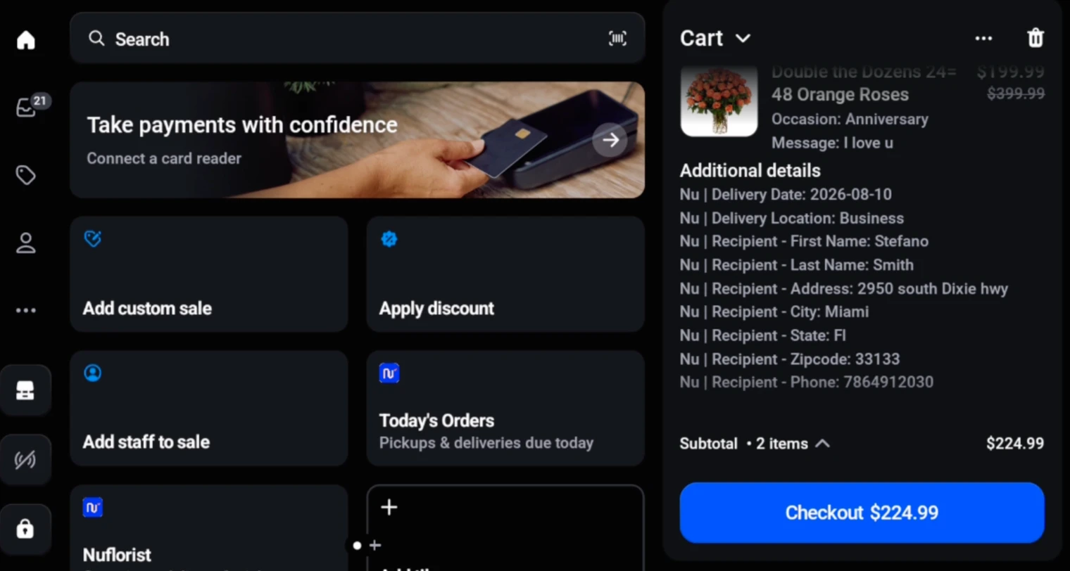 Shopify POS cart showing a NuFlorist order with occasion, card message, and recipient delivery details