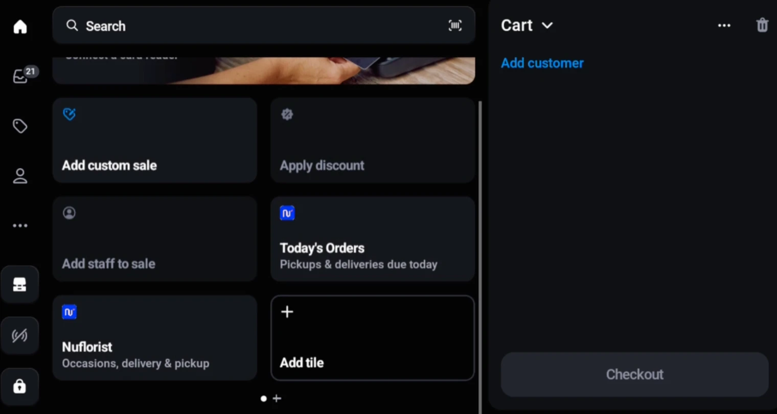 Shopify POS home screen with NuFlorist tiles for the order workflow and Today's Orders