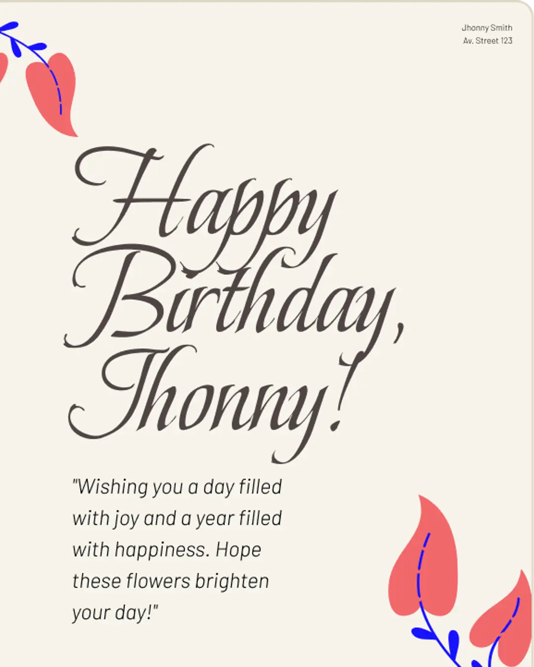 Order card message printed from a birthday floral card template in NuFlorist