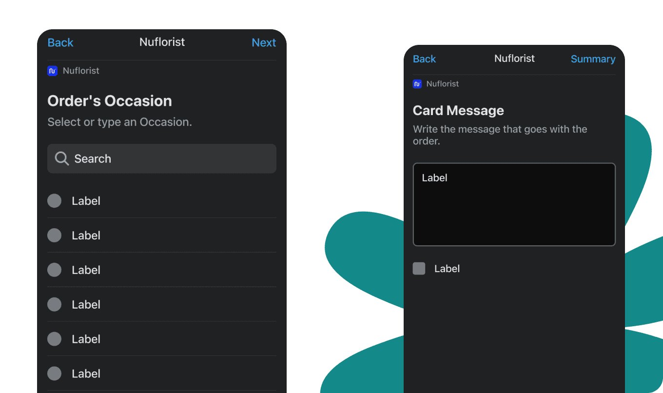 Product page interface showing an occasion selector alongside a card message field