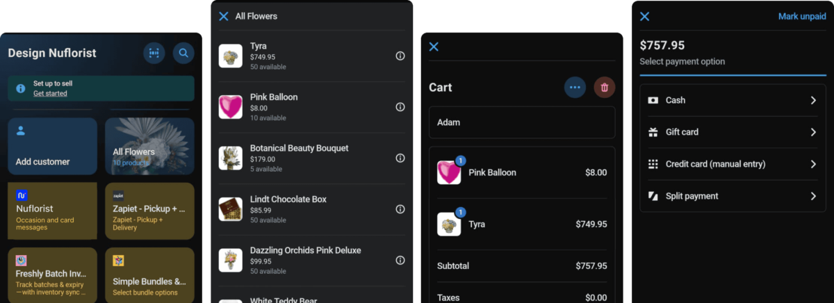 NuFlorist point-of-sale interface showing an in-store florist order being built